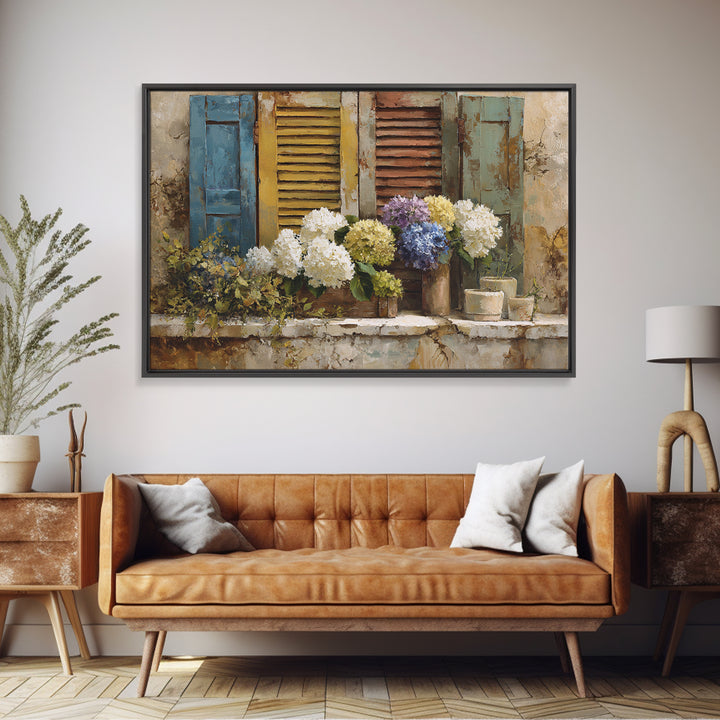 Soft Hydrangeas Beside Antique Shutters Canvas Print, French Country Art, Luxury Decor, Farmhouse Decor, Fine Art, Country, FCA-3x2-12