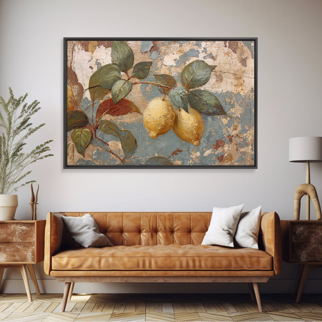 Aged Botanical Plate of Lemons and Leaves Canvas Print, French Country Art, Art Print, Farmhouse Decor, Watercolor Art, Country, FCA-3x2-16