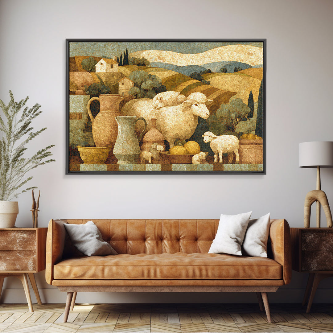 Pastoral Sheep in Rolling Countryside Framed Canvas Print, French Country Art, Textured Painting, Farmhouse Decor, Country, FCA-3x2-18