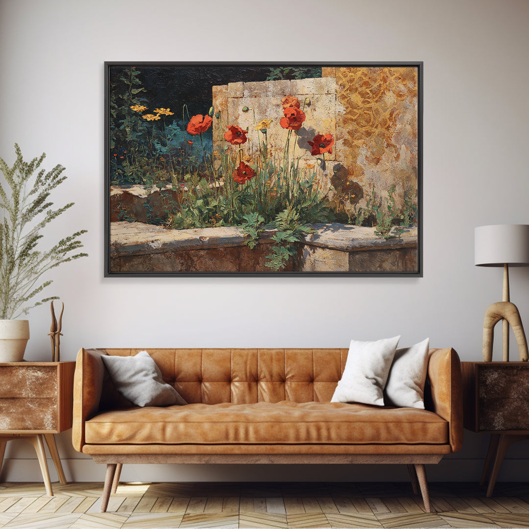 Poppies Beside a Stone Garden Wall Framed Canvas Print, French Country Art, Wall Art, Farmhouse Decor, Fine Art, Country, FCA-3x2-19
