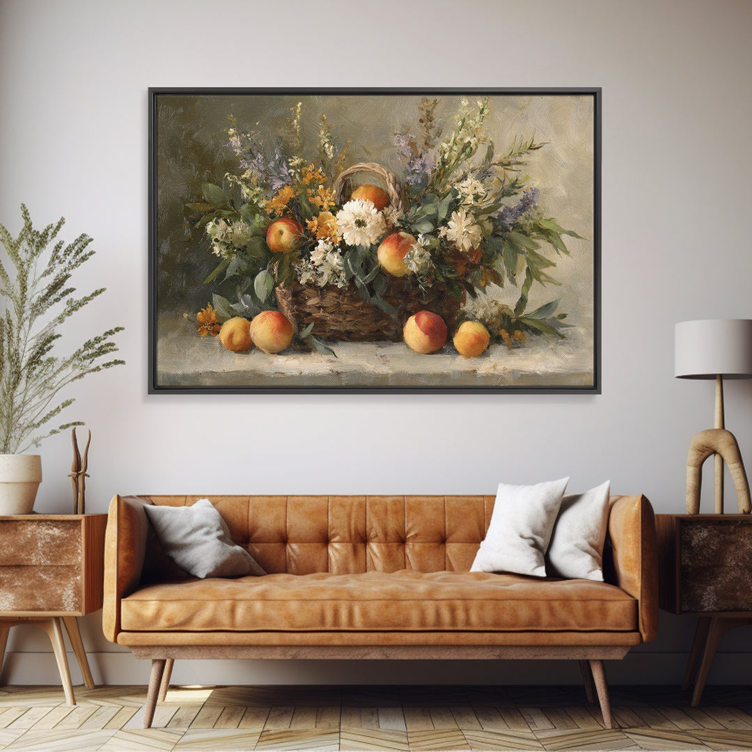 Basket of Fresh Peaches and Wildflowers Framed Canvas Print, French Country Art, Textured Painting, Farmhouse Decor, Country, FCA-3x2-24