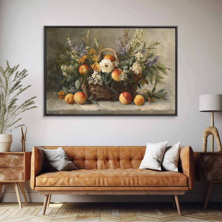 Basket of Fresh Peaches and Wildflowers Framed Canvas Print, French Country Art, Textured Painting, Farmhouse Decor, Country, FCA-3x2-24