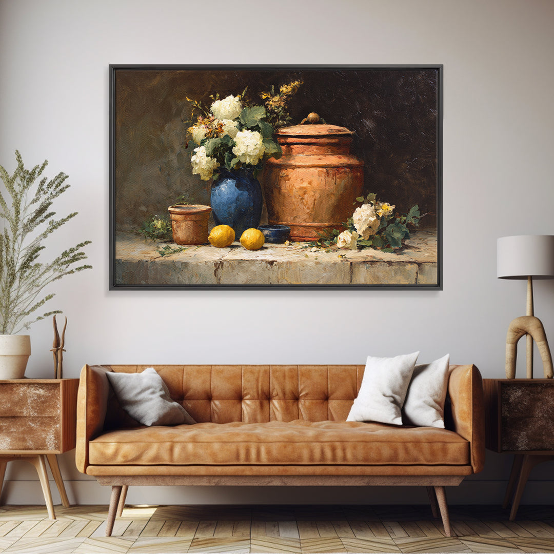 Antique Copper Pot and Flowers Still Life Framed Canvas Print, French Country Art, Boho Decor, Farmhouse Decor, Country, FCA-3x2-28
