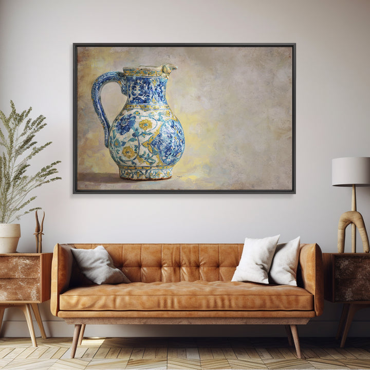 Blue and White Ceramic Pitcher Framed Canvas Print, French Country Art, Digital Art, Farmhouse Decor, Fine Art, Country, FCA-3x2-31