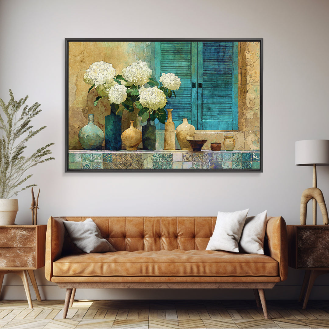 Soft Hydrangeas Beside Antique Shutters Framed Canvas Print, French Country Art, Contemporary Art, Farmhouse Decor, Country, FCA-3x2-36