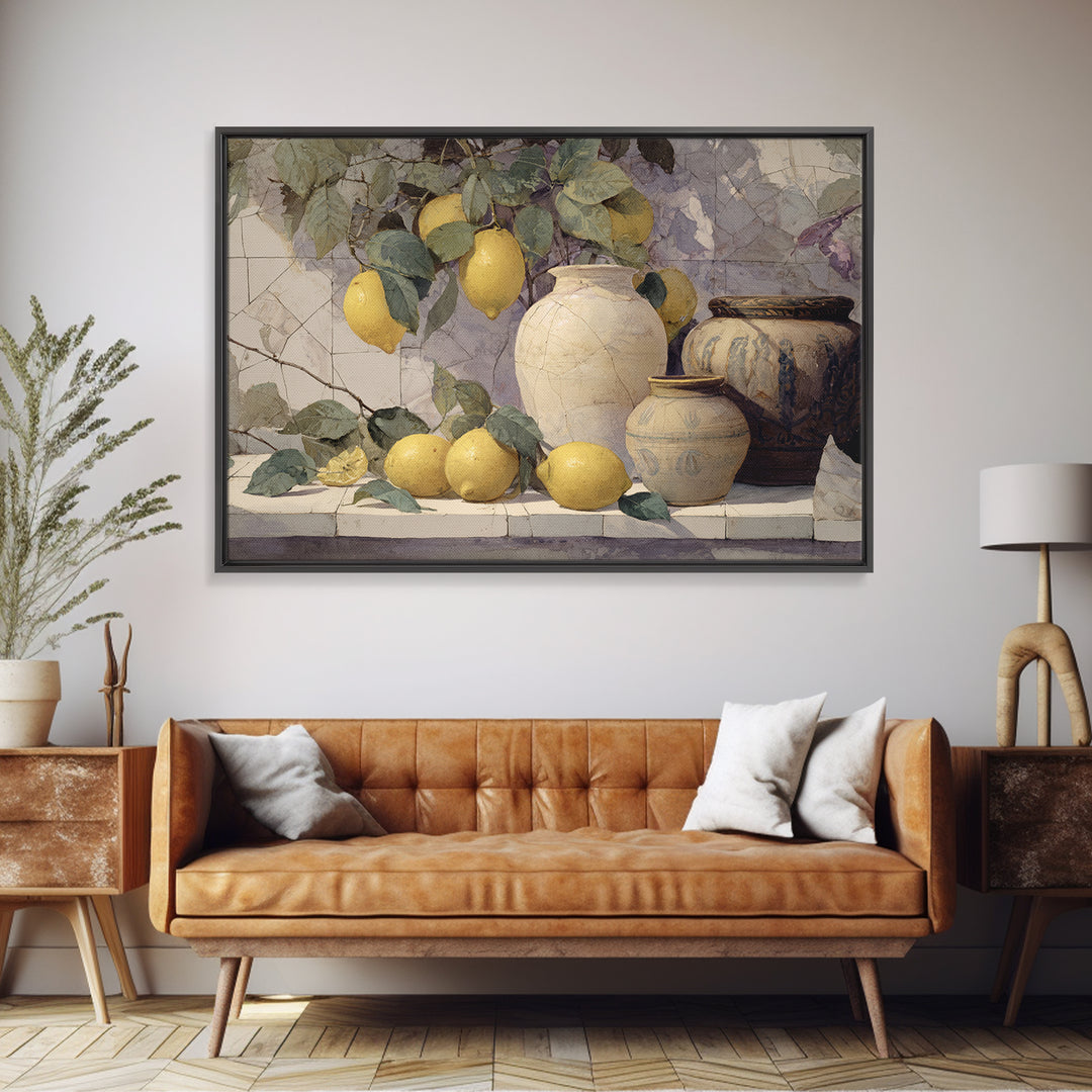 Aged Botanical Plate of Lemons and Leaves Framed Canvas Print, French Country Art, Wall Art, Farmhouse Decor, Watercolor Art, FCA-3x2-40