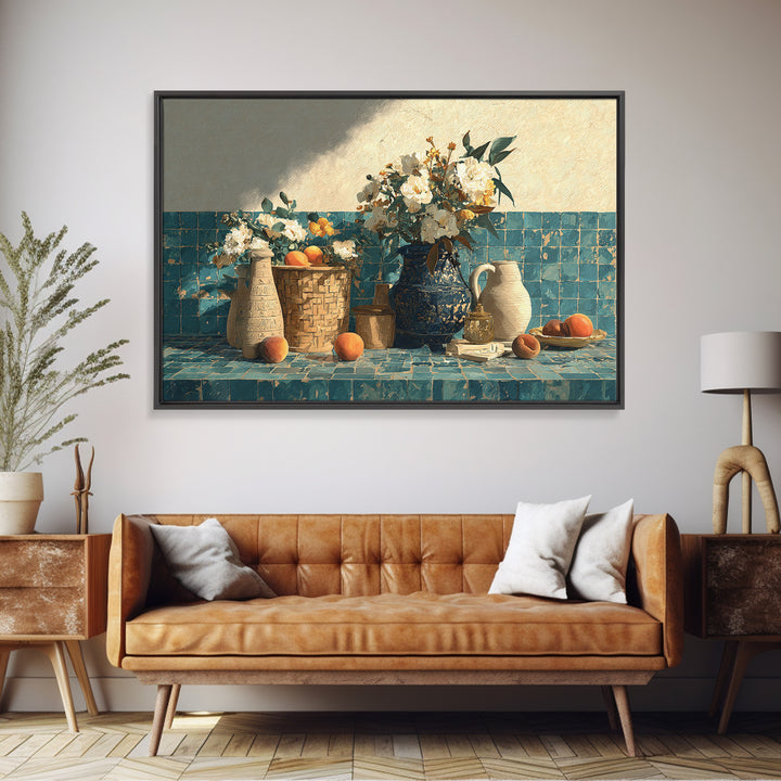 Basket of Fresh Peaches and Wildflowers Canvas Print, French Country Art, Digital Prints, Farmhouse Decor, Fine Art, Country, FCA-3x2-48