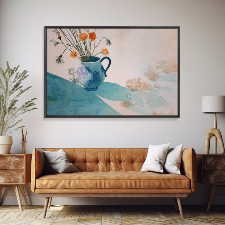 Blue and White Ceramic Pitcher Framed Canvas Print, French Country Art, Landscape Wall Art, Farmhouse Decor, Watercolor Art, FCA-3x2-55