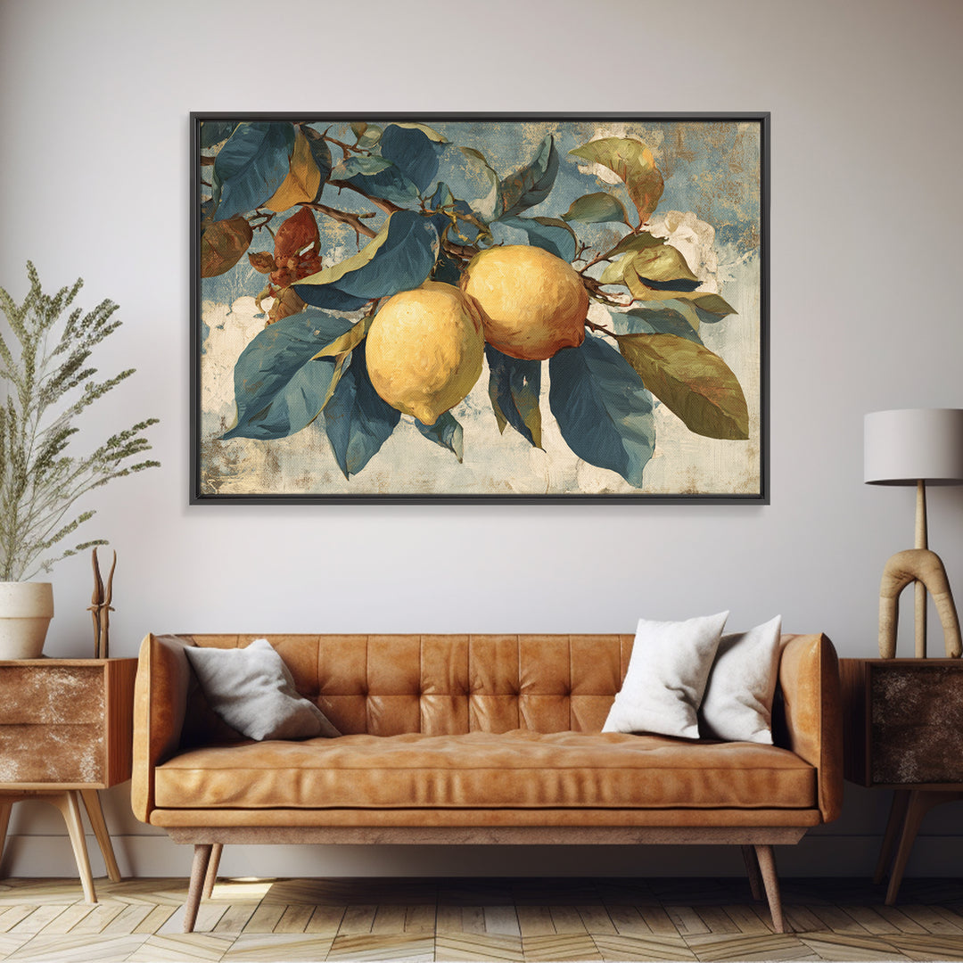 Aged Botanical Plate of Lemons and Leaves Framed Canvas Print, French Country Art, Farmhouse Decor, Fine Art, Country, FCA-3x2-64