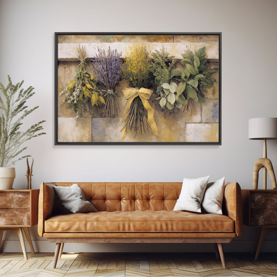 Farmhouse Kitchen Herbs Tied Framed Canvas Print, French Country Art, Digital Wall Art, Farmhouse Decor, Watercolor Art, FCA-3x2-65