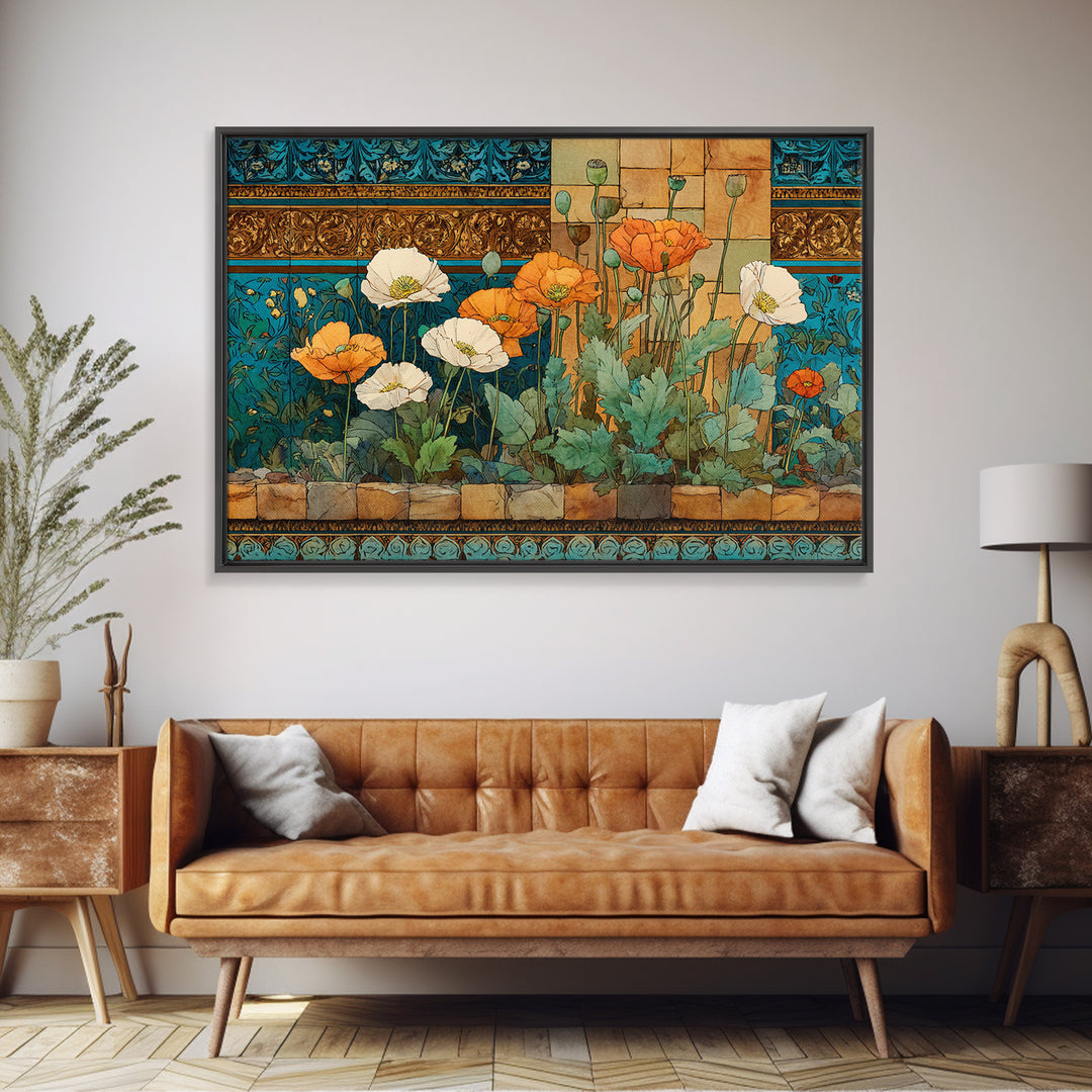 Poppies Beside a Stone Garden Wall Canvas Print, French Country Art, Coastal Wall Art, Farmhouse Decor, Watercolor Art, Country, FCA-3x2-67