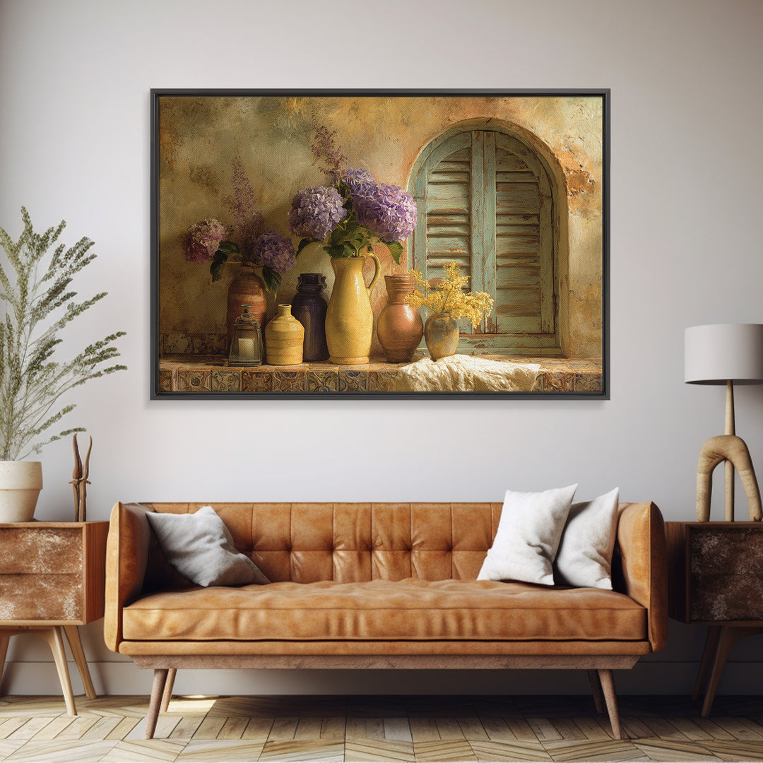 Soft Hydrangeas Beside Antique Shutters Canvas Print, French Country Art, Botanical Prints, Farmhouse Decor, Fine Art, Country, FCA-3x2-84