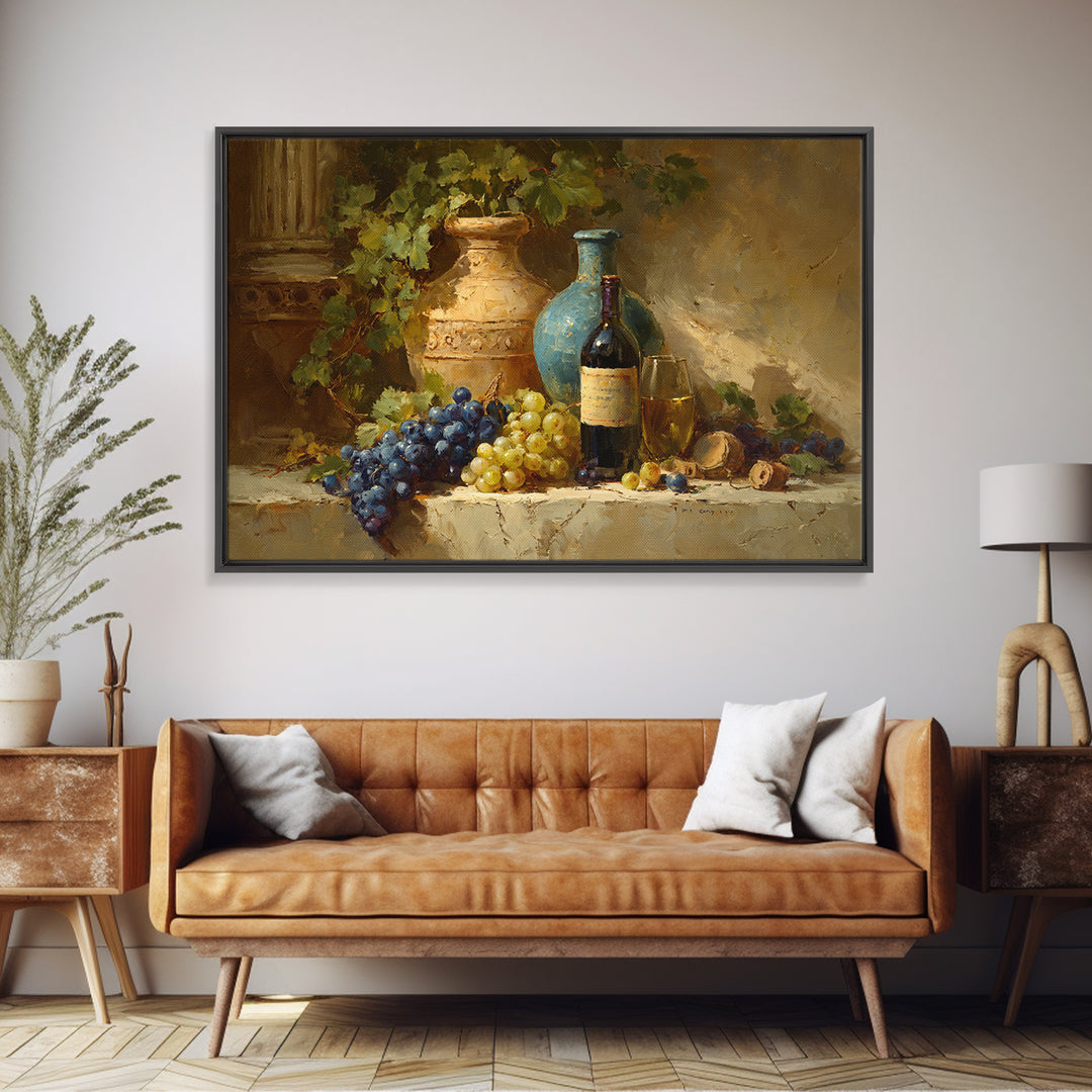 Grapes and Wine Still Life Framed Canvas Print, French Country Art, Farmhouse Decor, Fine Art, Country, Farmhouse Wall Art, FCA-3x2-85