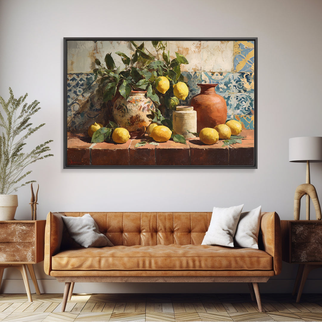 Aged Botanical Plate of Lemons and Leaves Canvas Print, French Country Art, Coastal Wall Art, Farmhouse Decor, Oil Painting, FCA-3x2-88