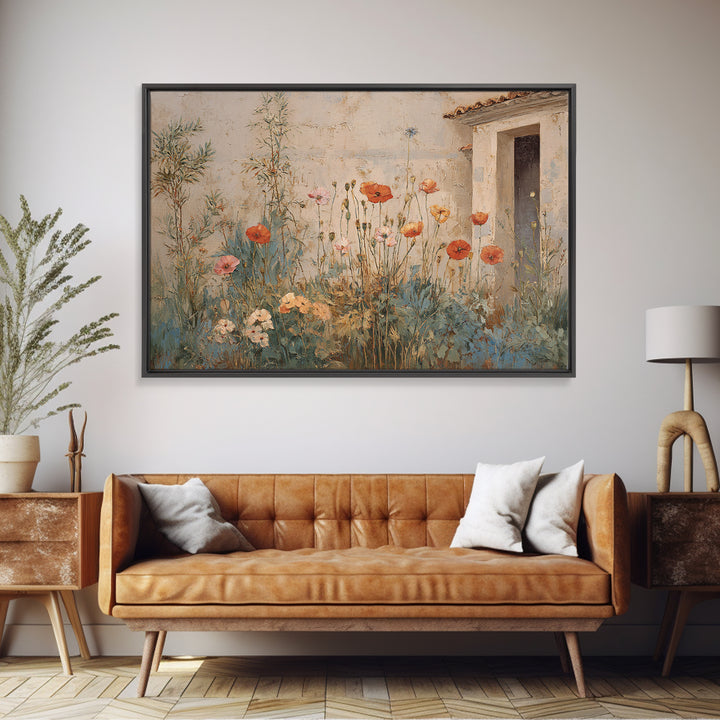 Poppies Beside a Stone Garden Wall Canvas Print, French Country Art, French Country Decor, Farmhouse Decor, Country, FCA-3x2-91
