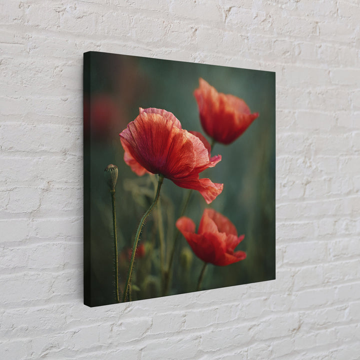 Poppy Field with Red Petals and Green Framed Canvas Print, Floral Art, Gallery Decor, Living Room Decor, Fine Art, Bloom, FLO-1x1-32