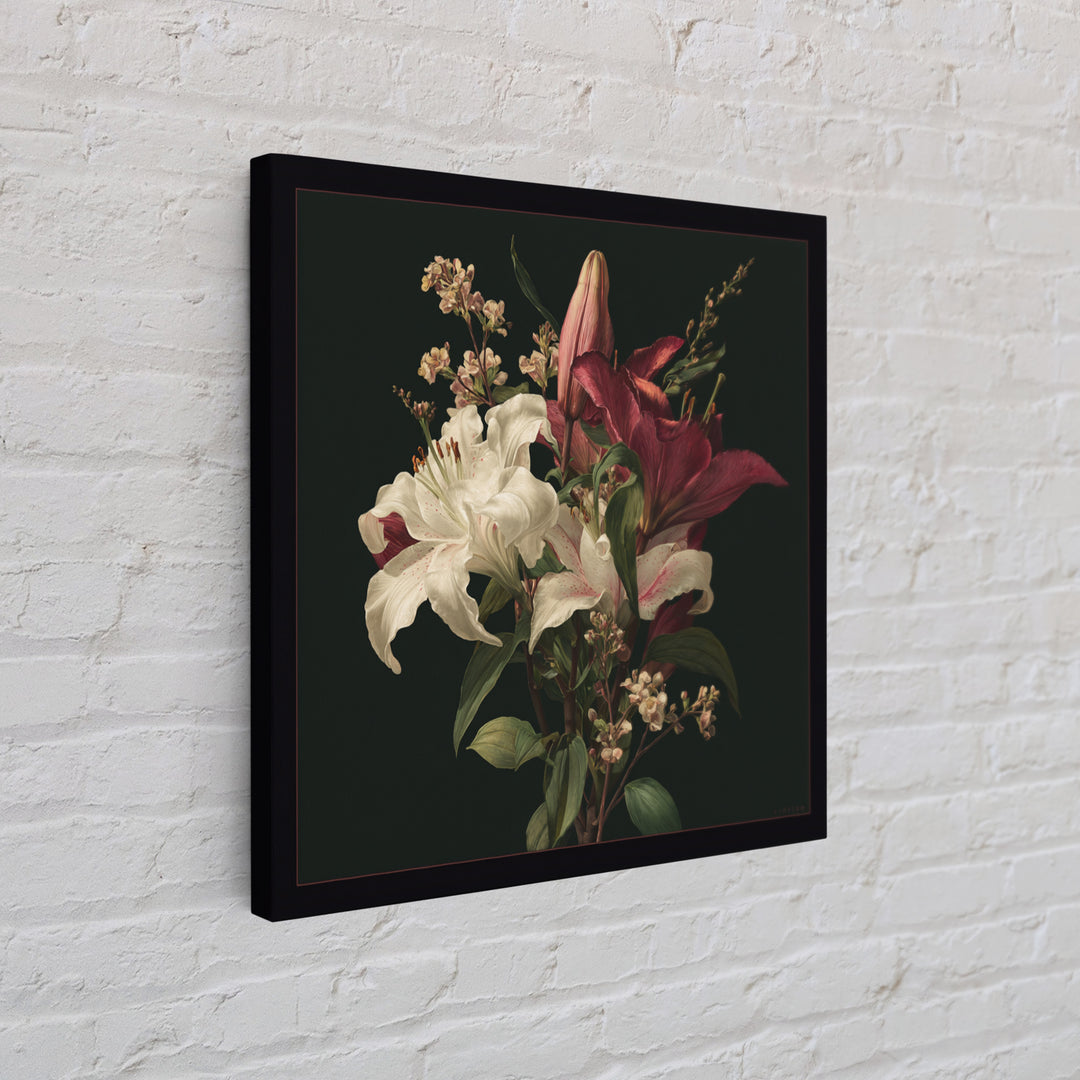 Lily Bouquet with Dramatic Dark Background Framed Canvas Print, Floral Art, Dark Academia Decor, Living Room Decor, Bloom, FLO-1x1-44