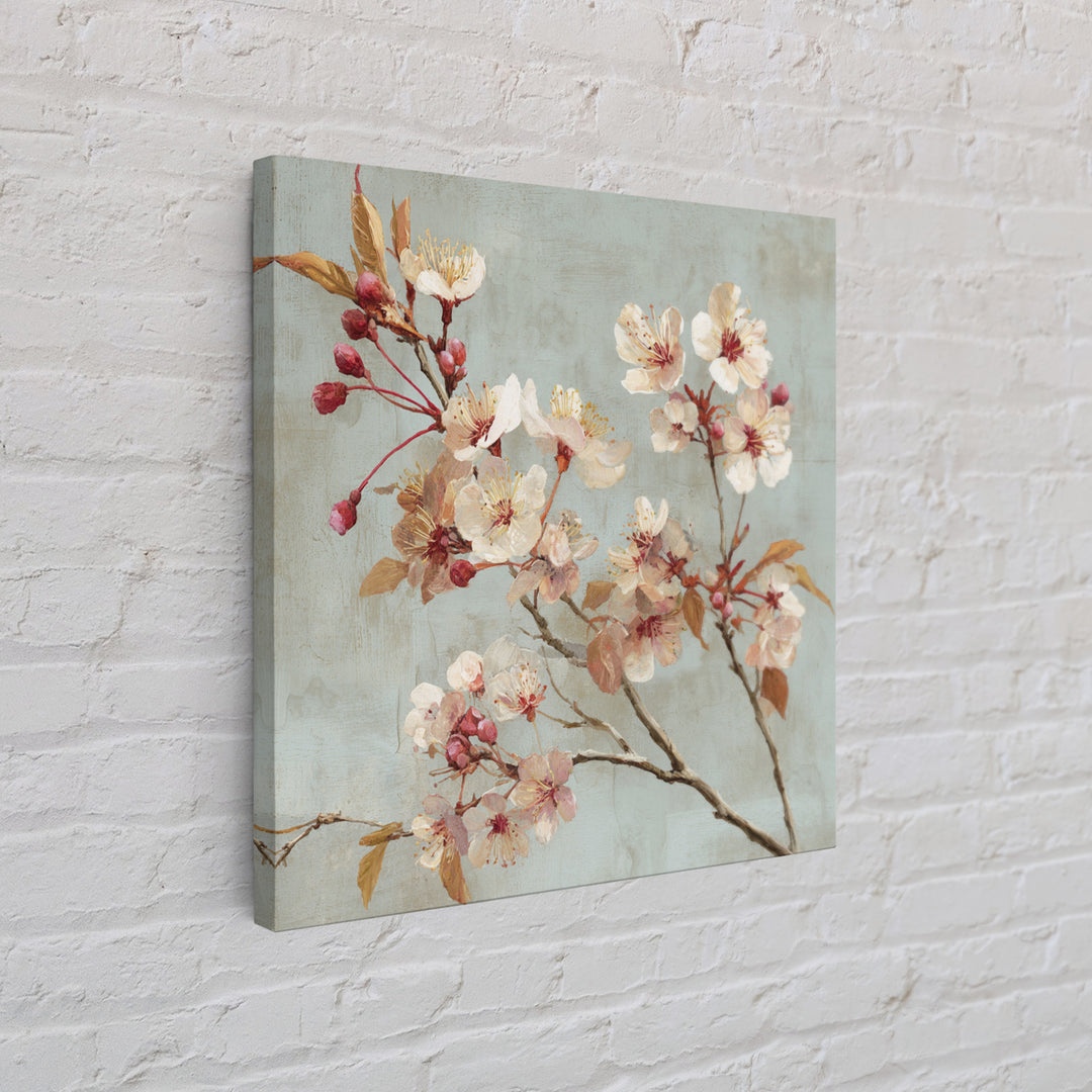 Delicate Cherry Blossom Branch on Pale Sky Framed Canvas Print, Floral Art, Statement Artwork, Living Room Decor, Bloom, FLO-1x1-78
