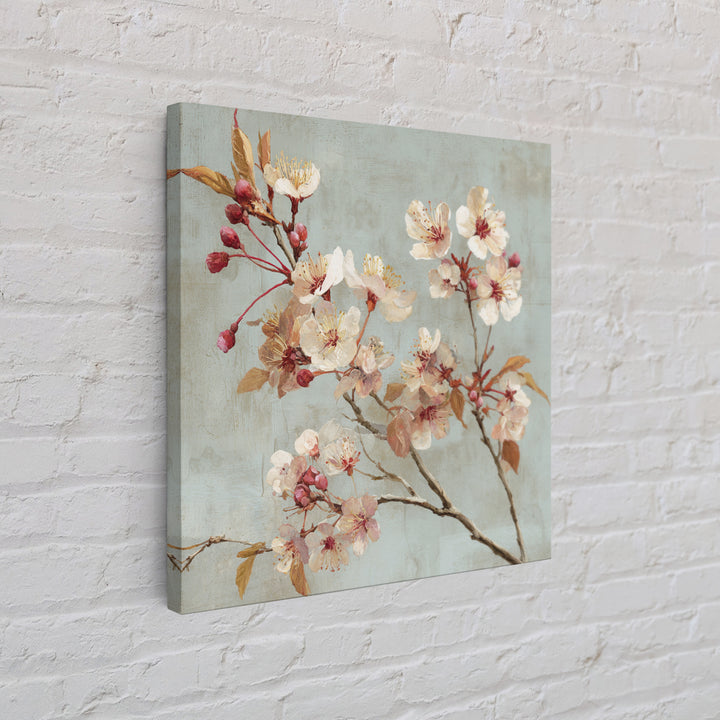 Delicate Cherry Blossom Branch on Pale Sky Framed Canvas Print, Floral Art, Statement Artwork, Living Room Decor, Bloom, FLO-1x1-78