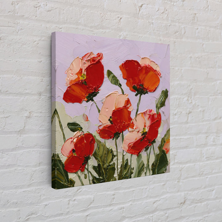Poppy Field with Red Petals and Green Framed Canvas Print, Floral Art, Printable, Living Room Decor, Oil Painting, Bloom, FLO-1x1-8