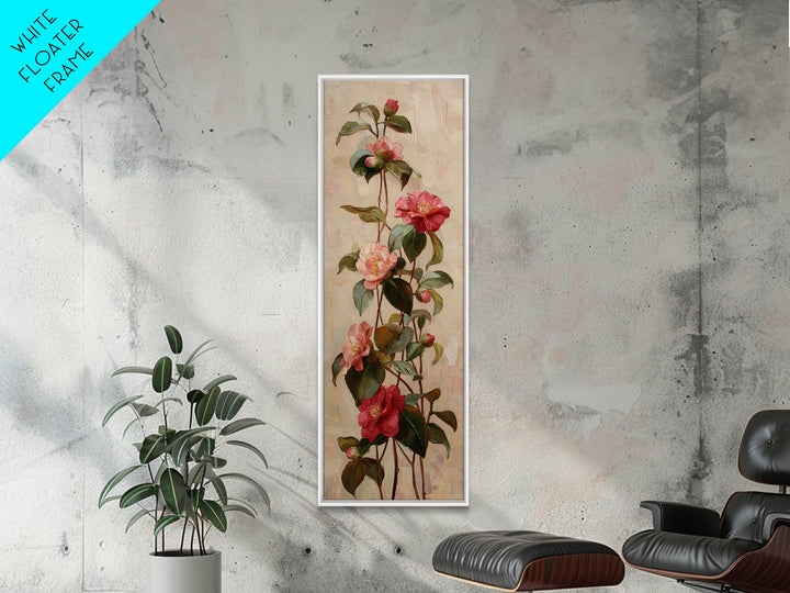 Camellia Bloom with Glossy Leaves Canvas Print, Floral Art, Botanical Curtain, Living Room Decor, Oil Painting, Bloom, FLO-1x3-100