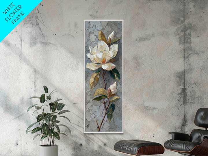 Single White Magnolia on Charcoal Ground Canvas Print, Floral Art, Botanical Art, Living Room Decor, Oil Painting, Bloom, FLO-1x3-40