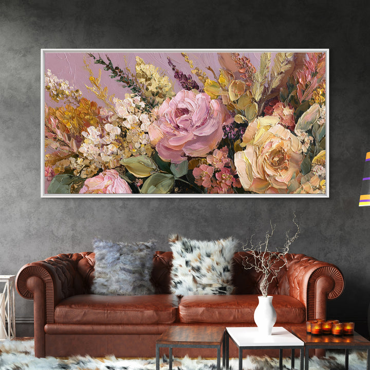 Floral Wreath of Garden Roses and Herbs Canvas Print, Floral Art, Dark Academia Decor, Living Room Decor, Fine Art, Bloom, FLO-2x1-61