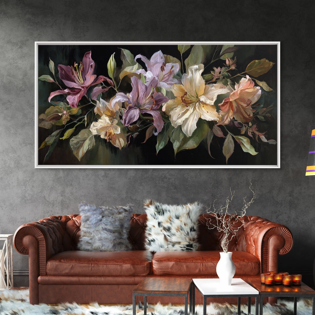 Lily Bouquet with Dramatic Dark Background Canvas Print, Floral Art, Printable, Living Room Decor, Oil Painting, Bloom, FLO-2x1-64