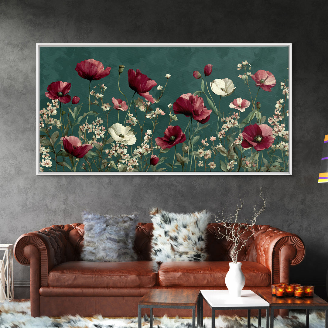 Poppy Field with Red Petals and Green Canvas Print, Floral Art, Art Nouveau Decor, Living Room Decor, Fine Art, Bloom, FLO-2x1-76