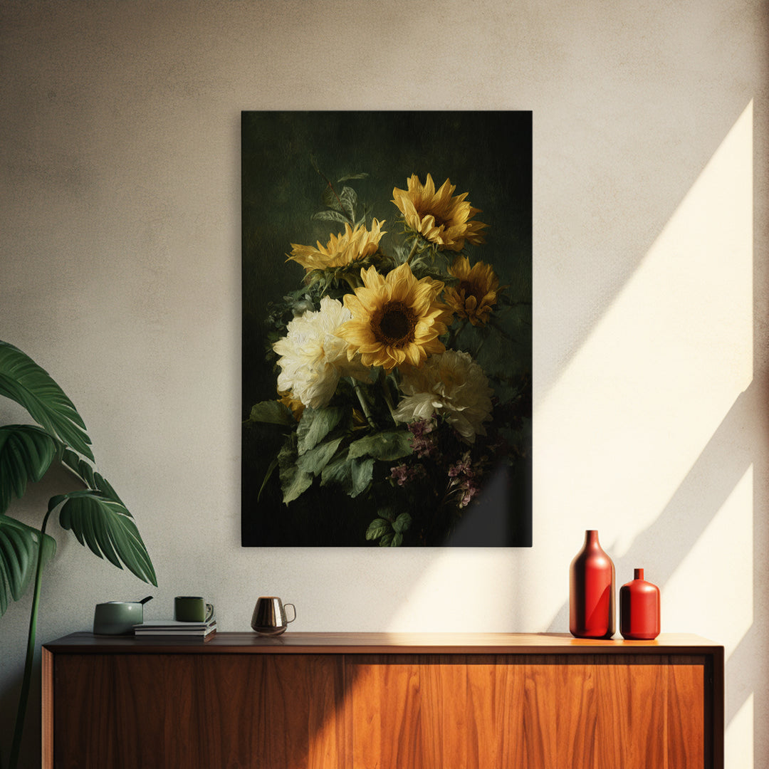 Sunflower Bouquet in Bold Golden Tones Canvas Print, Floral Art, Art Nouveau Decor, Living Room Decor, Fine Art, Bloom, FLO-2x3-61