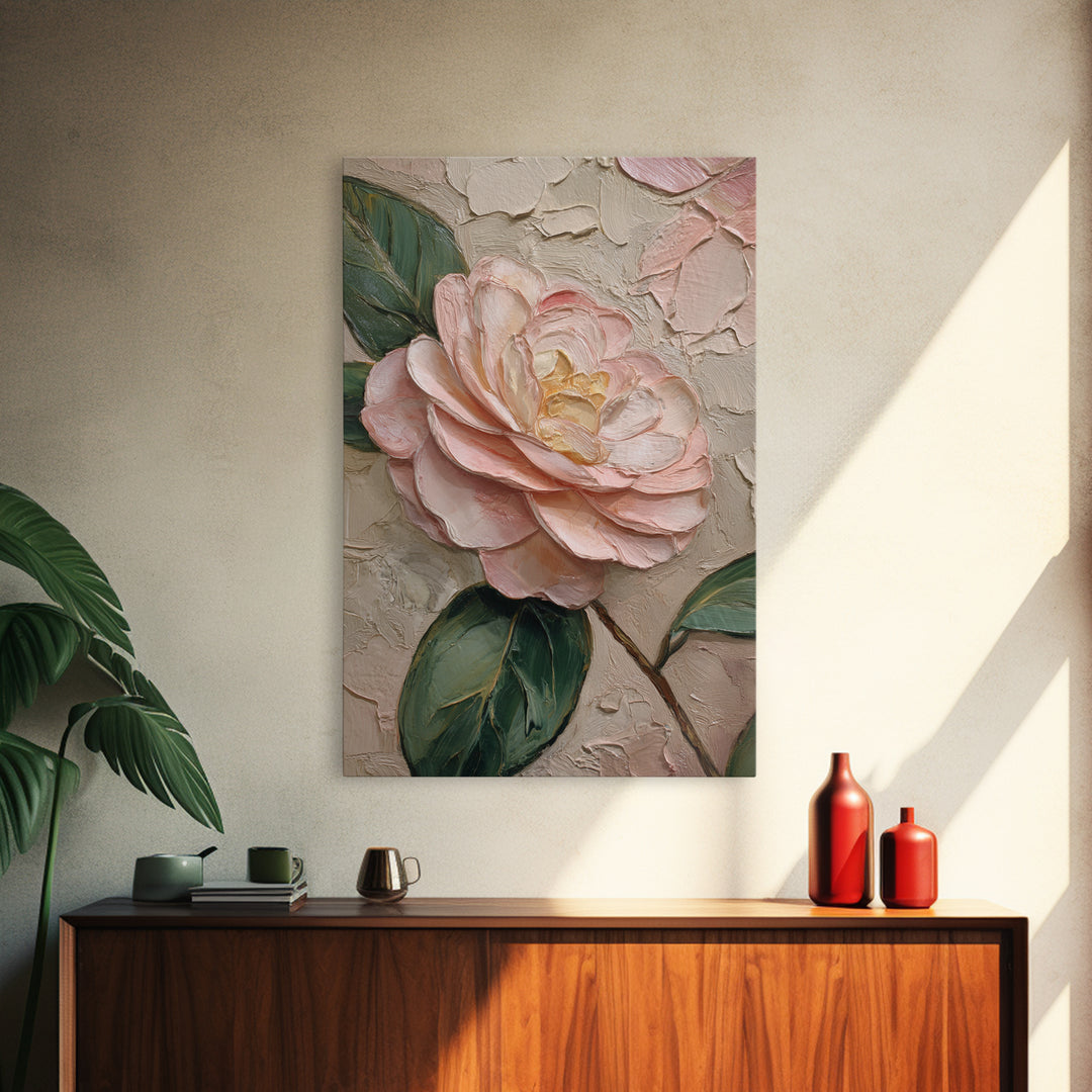 Camellia Bloom with Glossy Leaves Canvas Print, Floral Art, Digital Art, Living Room Decor, Fine Art, Bloom, Floral Art Print, FLO-2x3-72