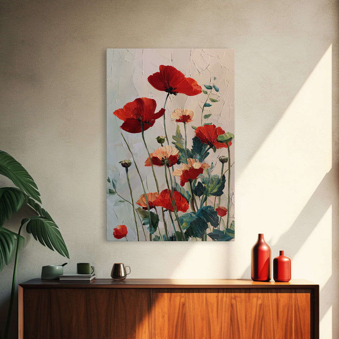 Poppy Field with Red Petals and Green Framed Canvas Print, Floral Art, Art Nouveau Decor, Living Room Decor, Fine Art, Bloom, FLO-2x3-88
