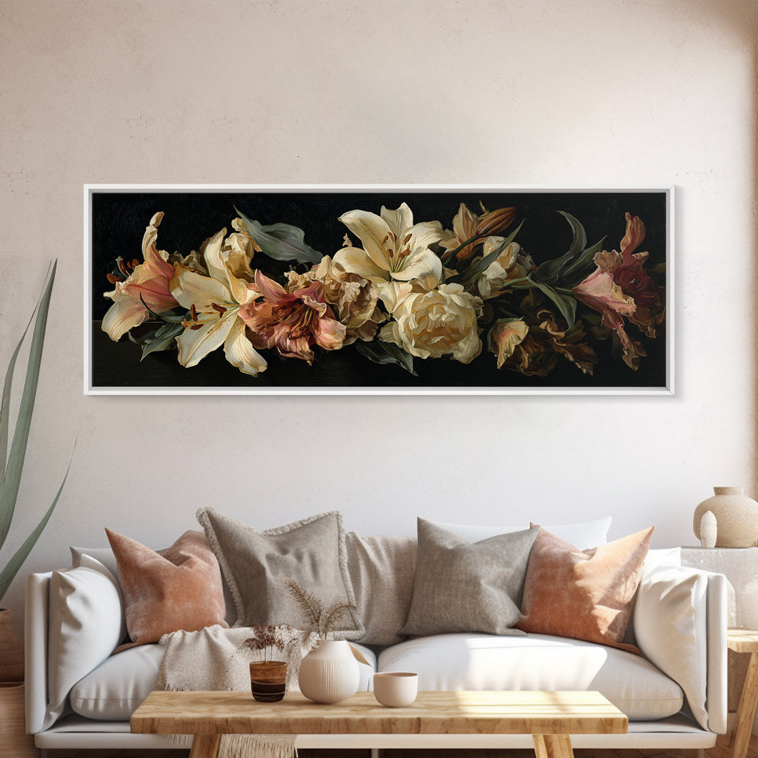 Lily Bouquet with Dramatic Dark Background Framed Canvas Print, Floral Art, Art Nouveau Locket, Living Room Decor, Bloom, FLO-3x1-12