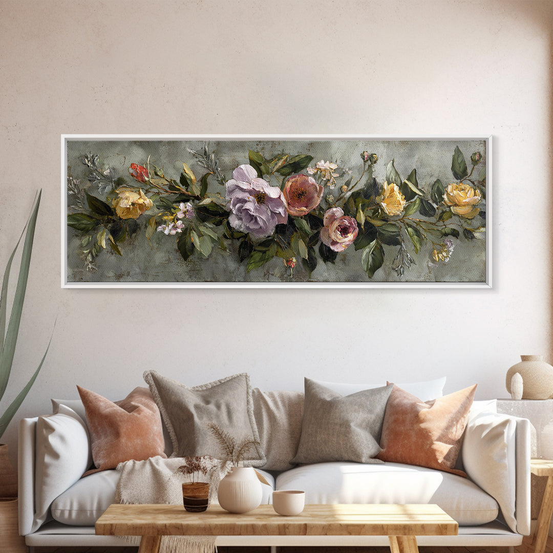 Floral Wreath of Garden Roses and Herbs Canvas Print, Floral Art, Floral Art Prints, Living Room Decor, Oil Painting, Bloom, FLO-3x1-33