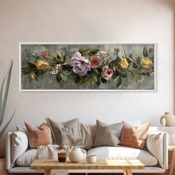 Floral Wreath of Garden Roses and Herbs Canvas Print, Floral Art, Floral Art Prints, Living Room Decor, Oil Painting, Bloom, FLO-3x1-33