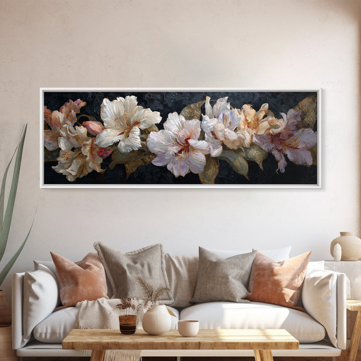 Lily Bouquet with Dramatic Dark Background Canvas Print, Floral Art, Gallery Decor, Living Room Decor, Fine Art, Bloom, FLO-3x1-36