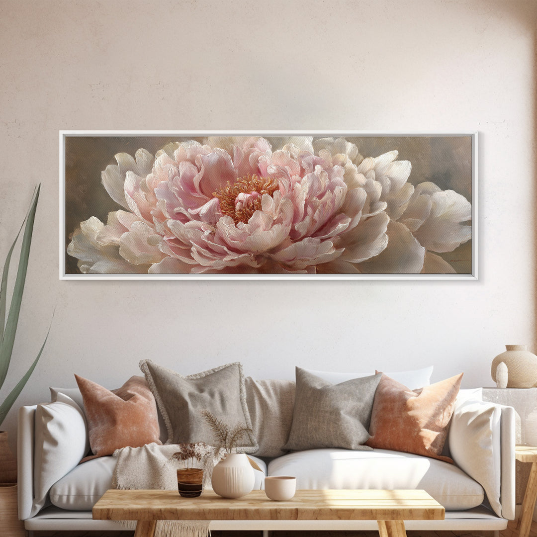 Oversized Blush Peony Canvas Print, Floral Art, Neutral Tone Abstract Floral Art, Living Room Decor, Fine Art, Bloom, FLO-3x1-41