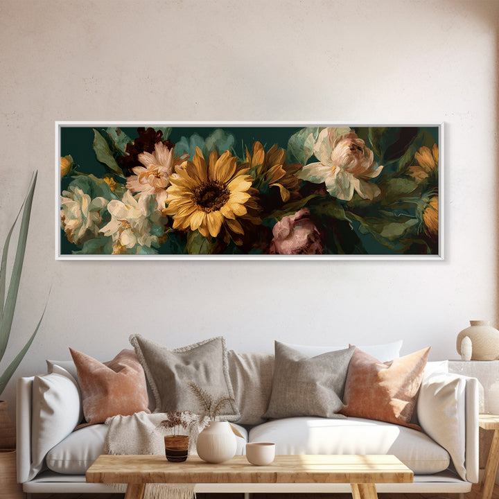 Sunflower Bouquet in Bold Golden Tones Canvas Print, Floral Art, Art Nouveau Locket, Living Room Decor, Fine Art, Bloom, FLO-3x1-45