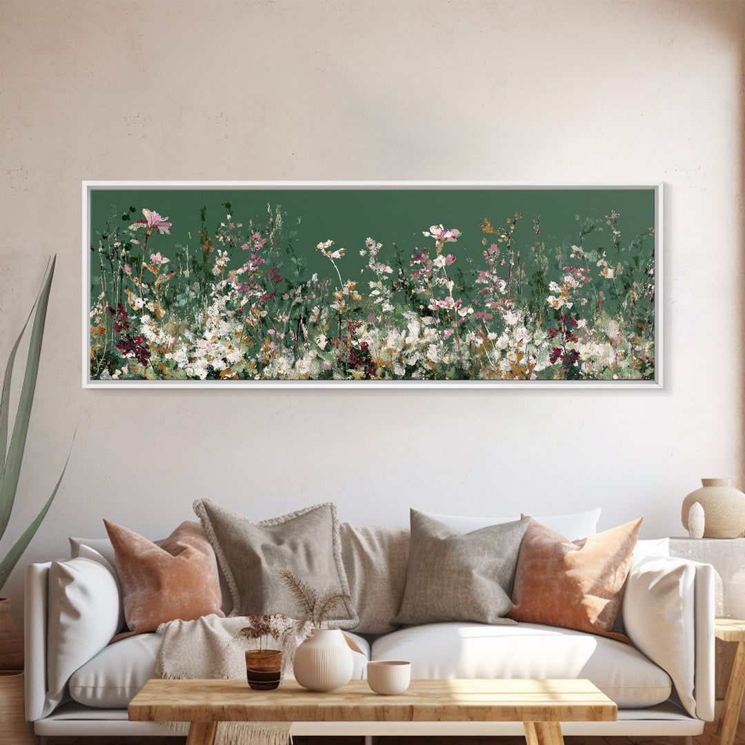 Wildflower Meadow in Loose Impressionist Paint Framed Canvas Print, Floral Art, Midcentury Modern, Living Room Decor, Bloom, FLO-3x1-67