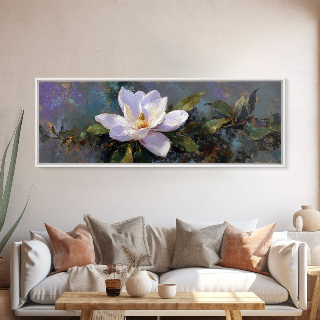 Single White Magnolia on Charcoal Ground Framed Canvas Print, Floral Art, Home Decor, Living Room Decor, Fine Art, Bloom, FLO-3x1-68