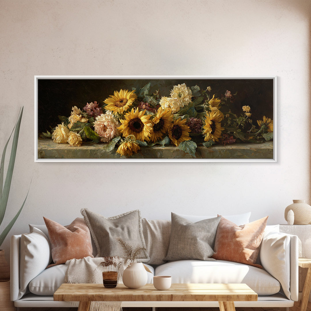 Sunflower Bouquet in Bold Golden Tones Framed Canvas Print, Floral Art, Gallery Decor, Living Room Decor, Fine Art, Bloom, FLO-3x1-69