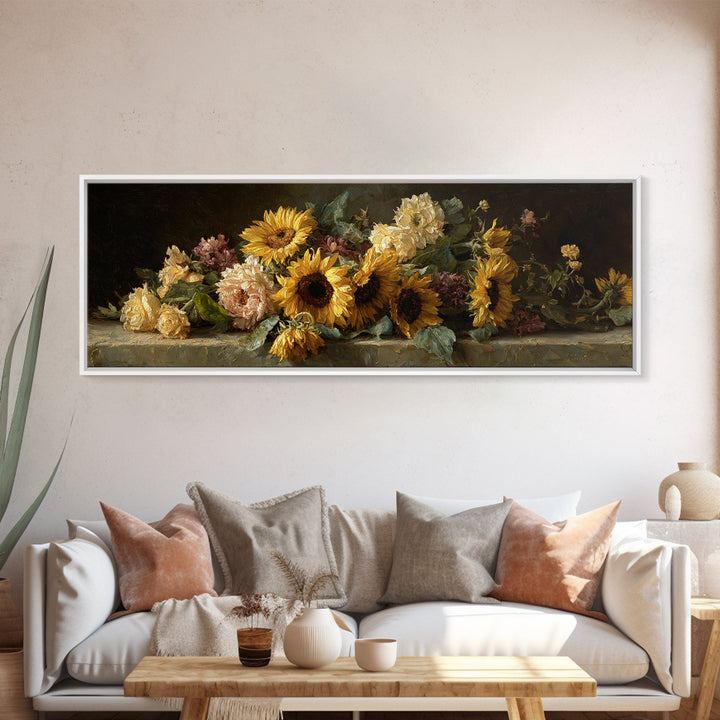 Sunflower Bouquet in Bold Golden Tones Framed Canvas Print, Floral Art, Gallery Decor, Living Room Decor, Fine Art, Bloom, FLO-3x1-69