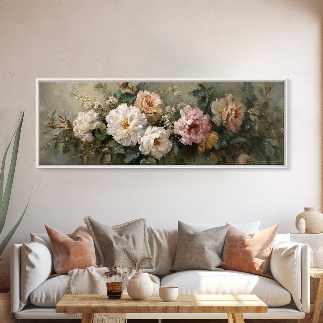 Floral Wreath of Garden Roses and Herbs Framed Canvas Print, Floral Art, Art Nouveau Decor, Living Room Decor, Fine Art, Bloom, FLO-3x1-9