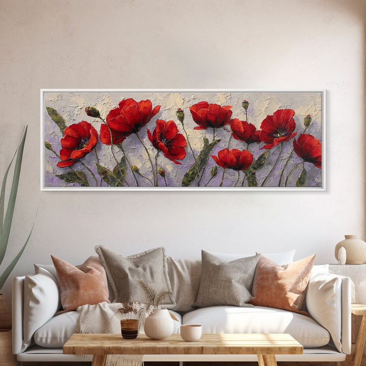 Poppy Field with Red Petals and Green Canvas Print, Floral Art, Textured Painting, Living Room Decor, Fine Art, Bloom, FLO-3x1-96