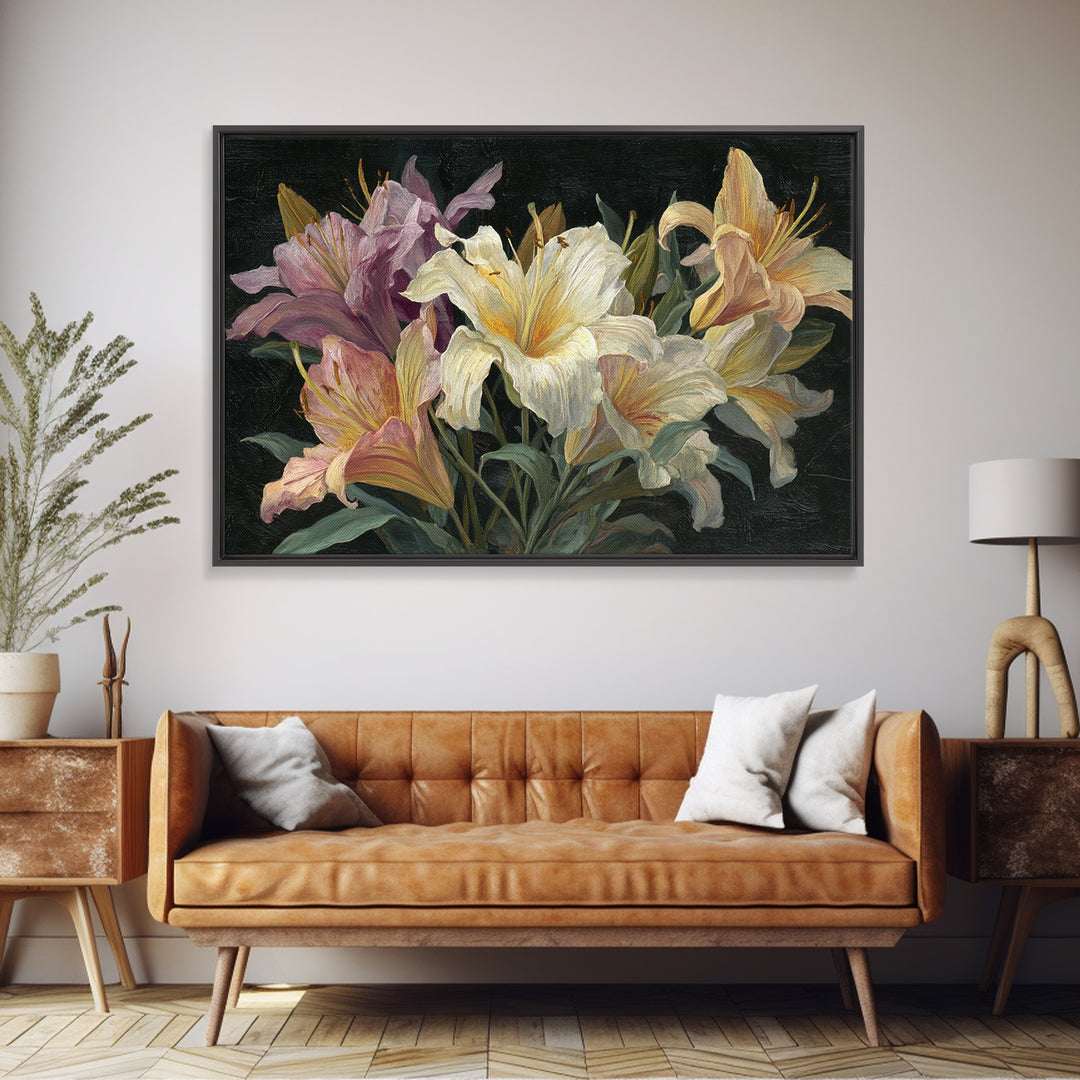 Lily Bouquet with Dramatic Dark Background Framed Canvas Print, Floral Art, Art Nouveau Locket, Living Room Decor, Bloom, FLO-3x2-24