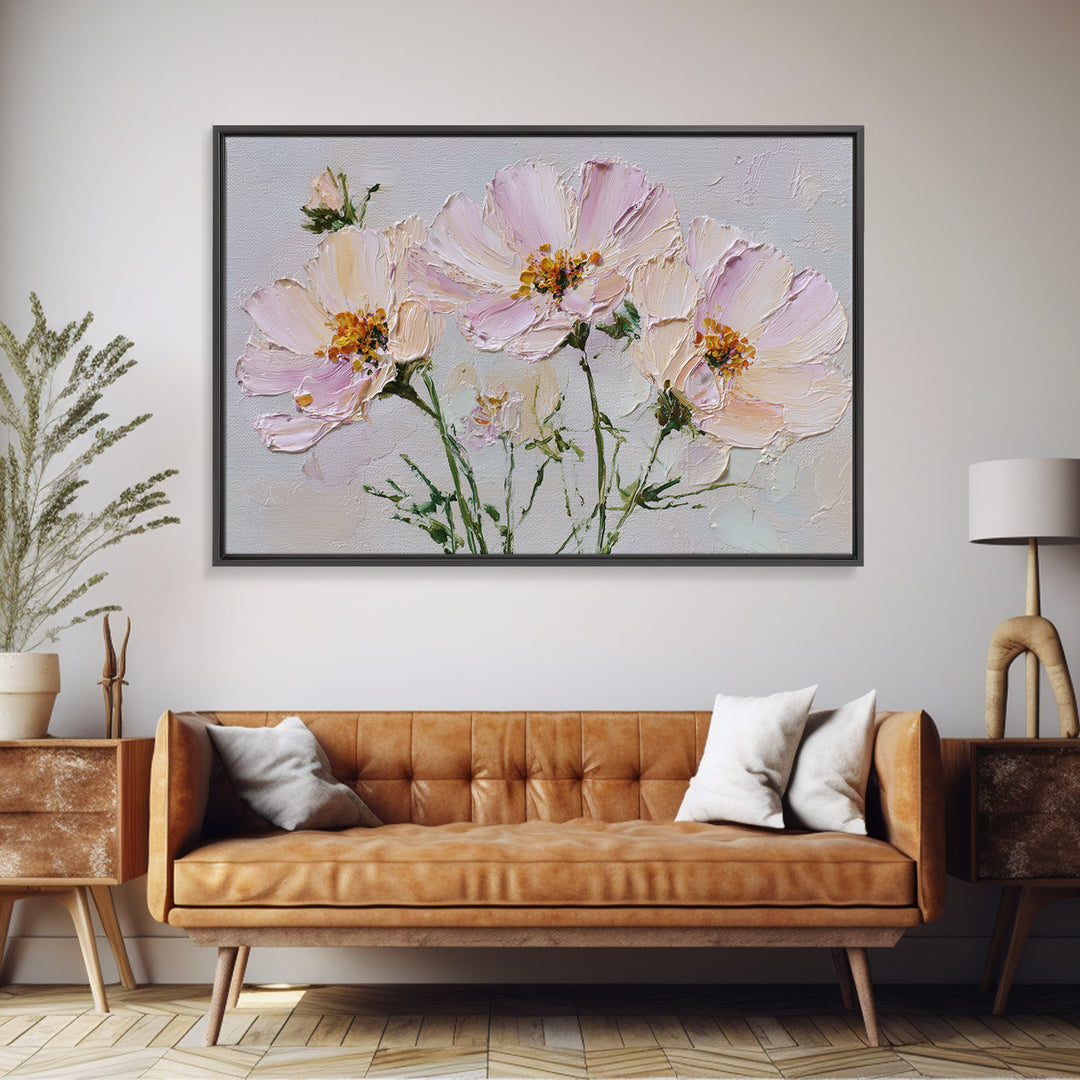 Cosmos Flowers Swaying Framed Canvas Print, Floral Art, Gallery Decor, Living Room Decor, Fine Art, Bloom, Wall Art, Home Decor, FLO-3x2-27
