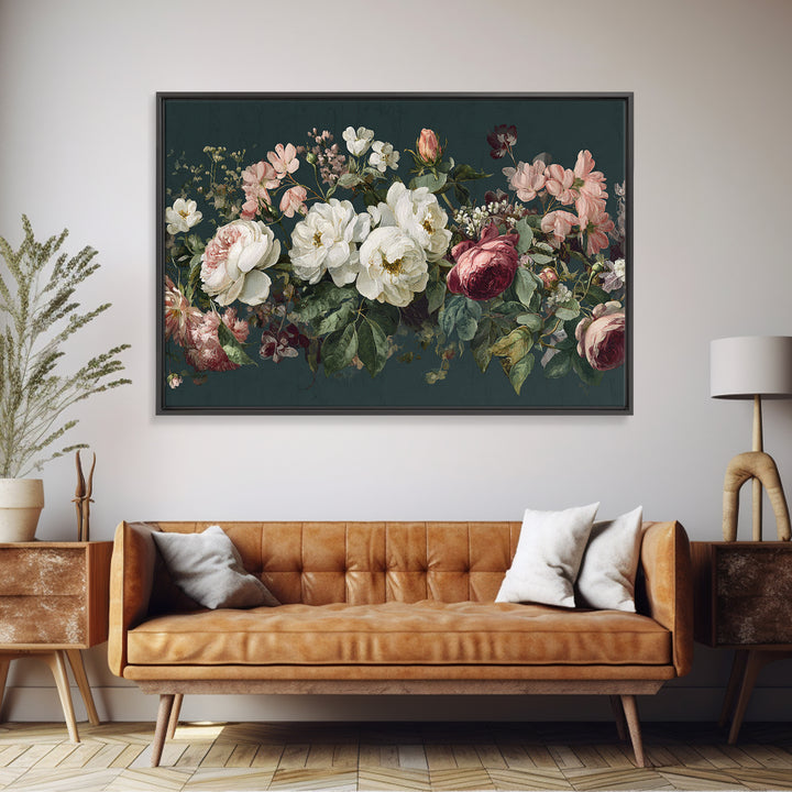 Floral Wreath of Garden Roses and Herbs Framed Canvas Print, Floral Art, Gallery Decor, Living Room Decor, Fine Art, Bloom, FLO-3x2-45