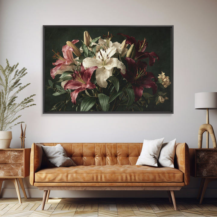 Lily Bouquet with Dramatic Dark Background Canvas Print, Floral Art, Gallery Decor, Living Room Decor, Fine Art, Bloom, FLO-3x2-48
