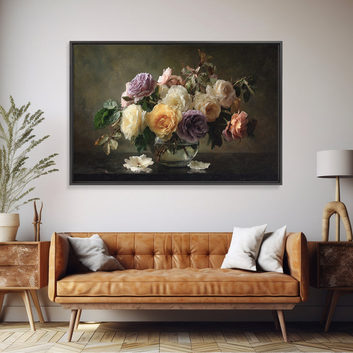 Dark Moody Roses Framed Canvas Print, Floral Art, Art Nouveau Decor, Living Room Decor, Fine Art, Bloom, Floral Decor, FLO-3x2-6