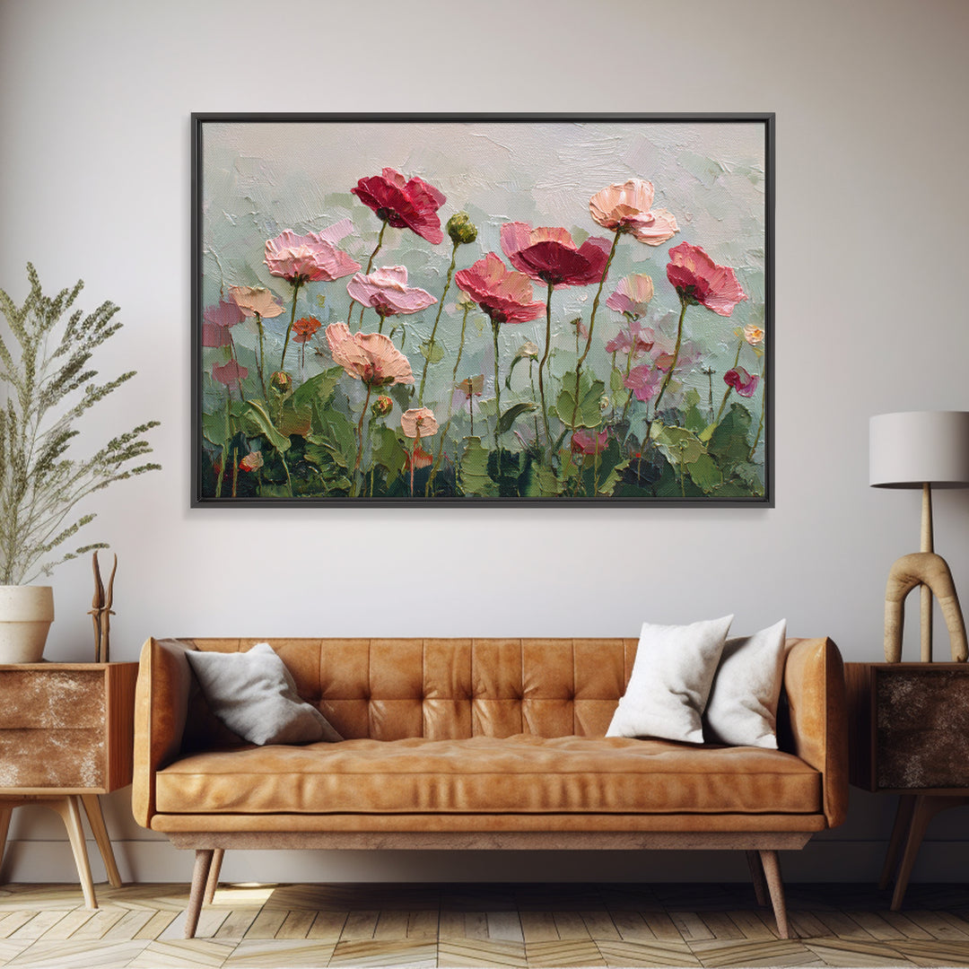 Poppy Field with Red Petals and Green Framed Canvas Print, Floral Art, Textured Painting, Living Room Decor, Fine Art, Bloom, FLO-3x2-60